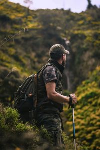 Tourist halfway through mountain gorilla trek in dense forest, Uganda and Rwanda gorilla trekking comparison