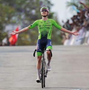 Tadej Pogačar celebrates winning the Elite Men’s Road Race at the UCI Road World Championships 2025 in Kigali, Rwanda