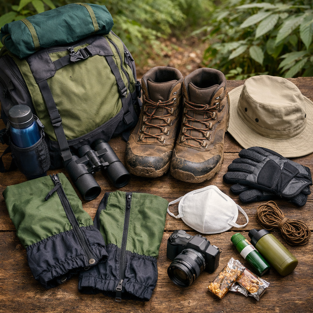 Gorilla trekking packing list gear including boots gaiters backpack and gloves