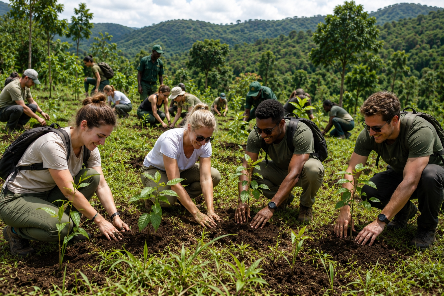 Group of Huza Gateway travelers planting multiple trees in East Africa as part of the One Traveler One Tree conservation and sustainable tourism initiative.