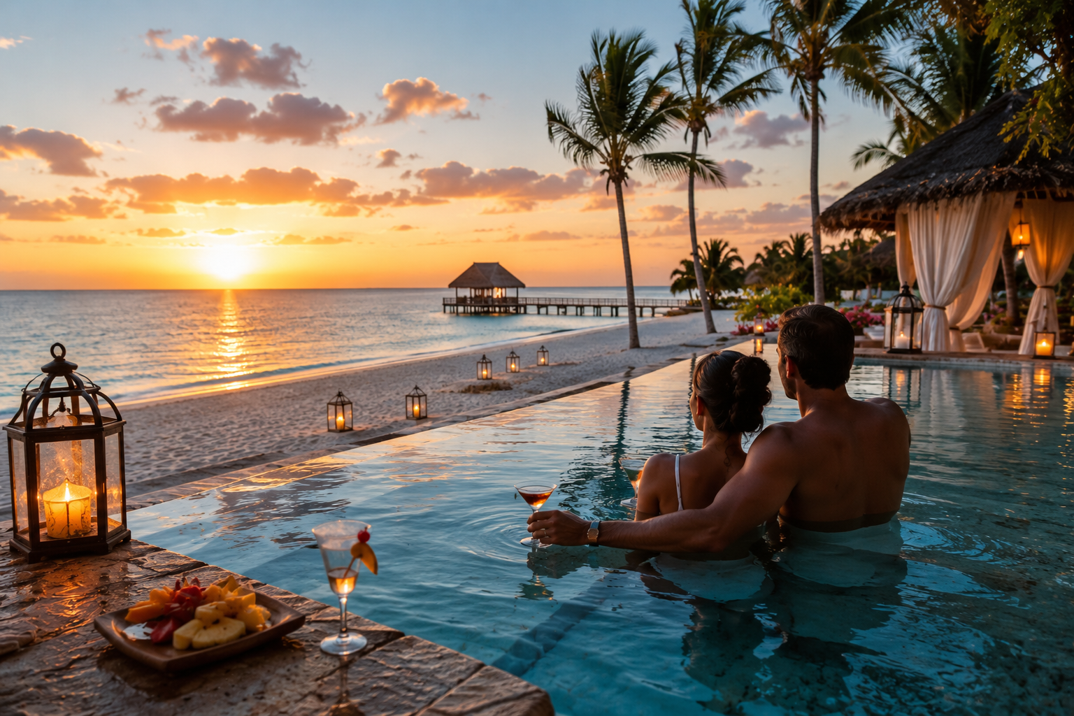 Luxury couple enjoying a romantic infinity pool sunset experience at a beachfront resort in Zanzibar