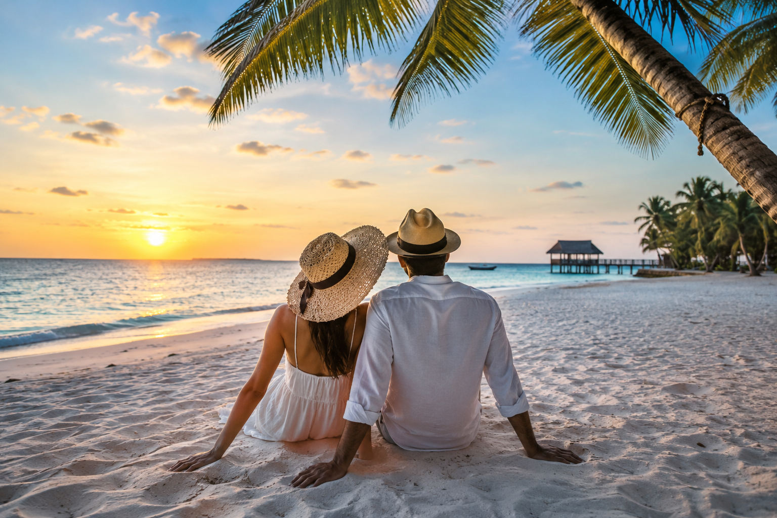 Romantic couple relaxing on a white sandy beach in Zanzibar during a breathtaking tropical sunset experience